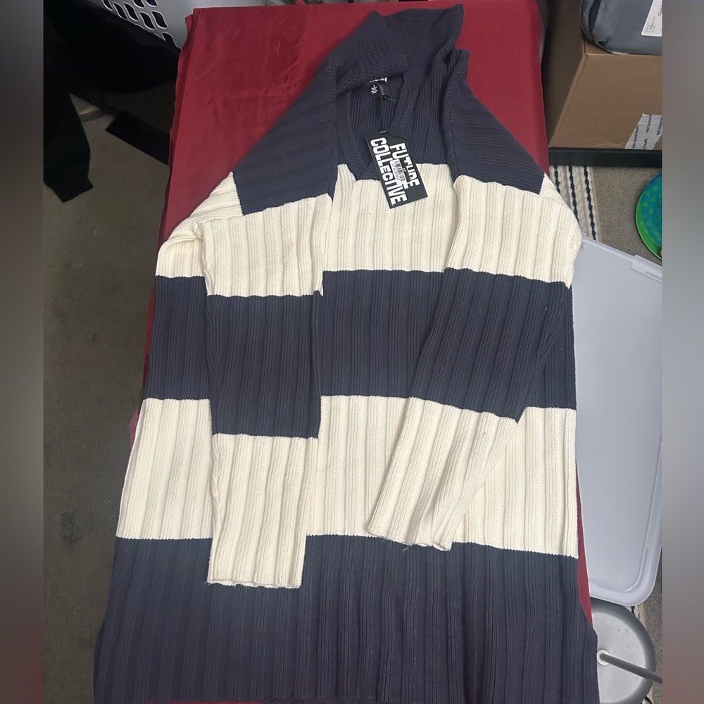Women’s Turtleneck Sweater Dress in Navy and Cream